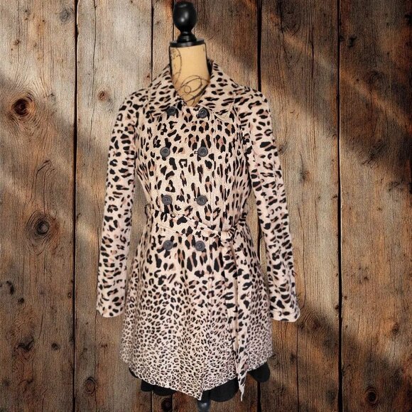 Ambition Leopard Print Trench Coat Belted Double Breasted Women's -L - Picture 1 of 10